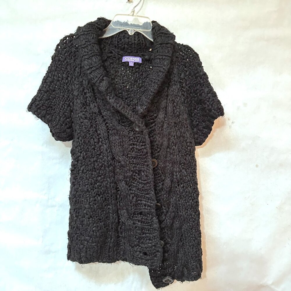 Y2K Vivienne Tam Wool Black Sweater Medium Cardigan Short Sleeve Chunky Knit - Picture 4 of 7